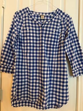 Duluth Trading Co Womens S Blue White Gingham Organic Cotton Tunic Shirt